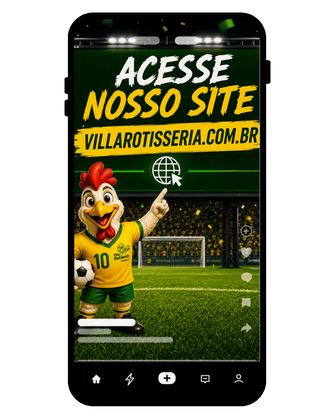 Mascote da Villa apontando para o acesso ao site em um placar eletrônico
